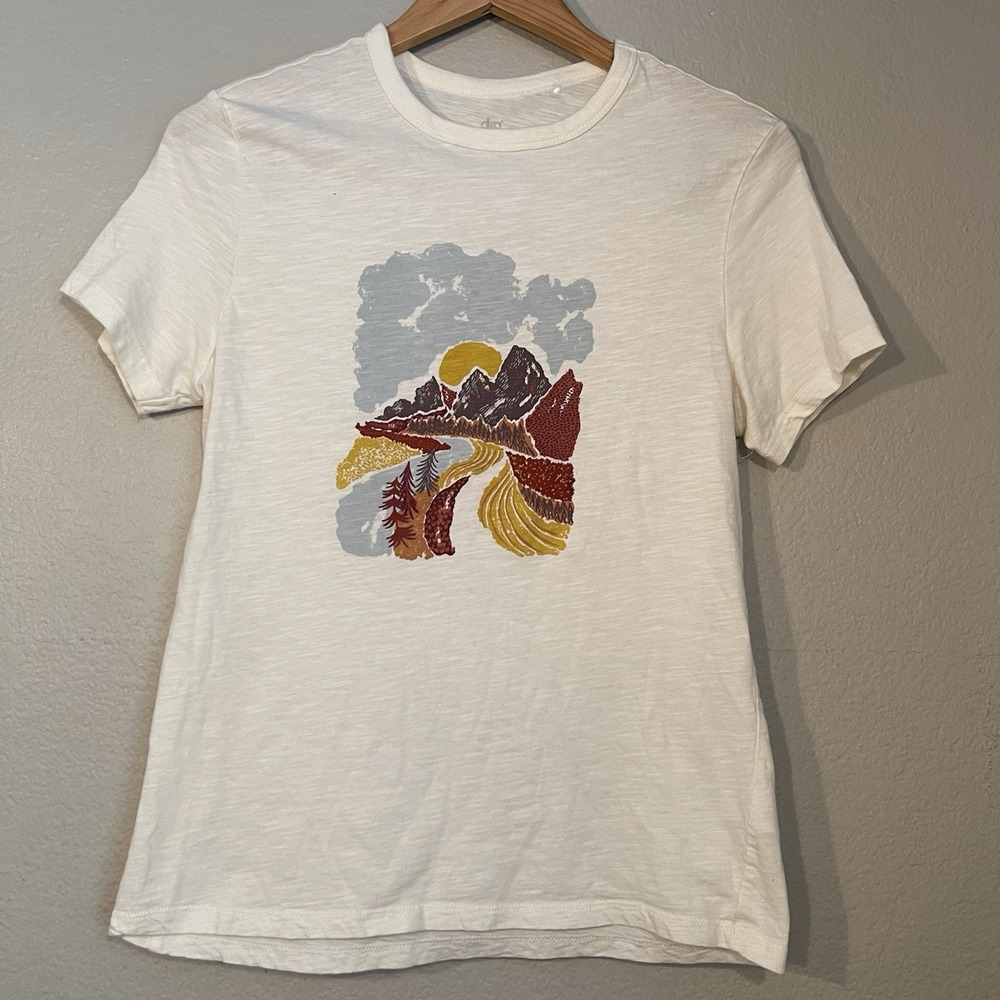 Dip 100% Organic Cotton Cream Multicolor Mountain Graphic T-Shirt Womens Small